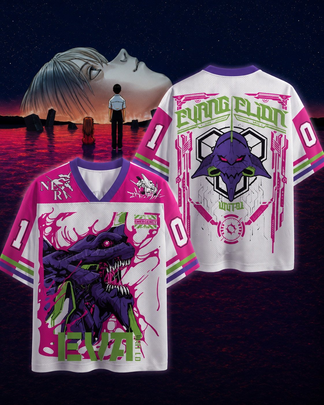 💜 Neon Genesis Evangelion Anime Jersey 👾⚡ | White & Pink
