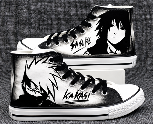 🥷 Kakashi & Sasuke Custom Converse-Style High Top Canvas Sneakers 👟⚫⚪ | Naruto Anime Shoes |