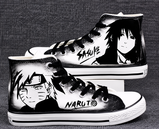 🍥 Naruto & Sasuke Custom Converse-Style High Top Canvas Sneakers 👟⚫⚪ | Anime Shoes |