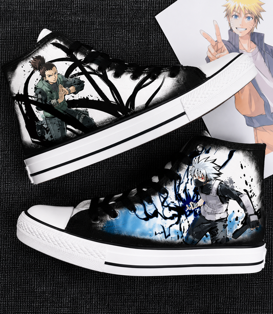 🥷 Kakashi & Shikamaru Custom Converse-Style High Top Canvas Sneakers 👟🍃 | Naruto Anime Shoes |