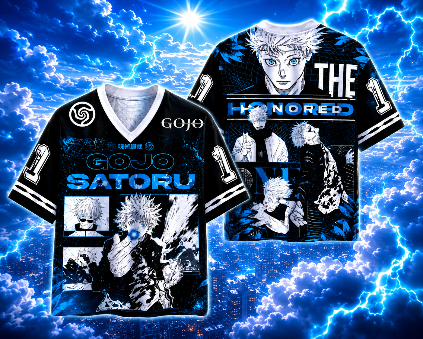 ⚡ 🔵 Jujutsu Kaisen Gojo Anime Jersey 👁️ | Premium Oversized Jersey | Blue V5 🔵
