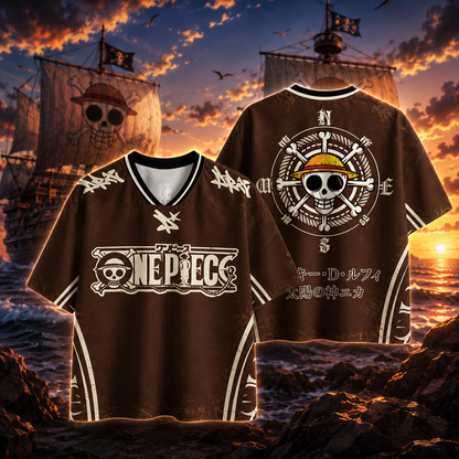🏴‍☠️ One Piece Luffy Anime Jersey 👒 | Brown 🟤